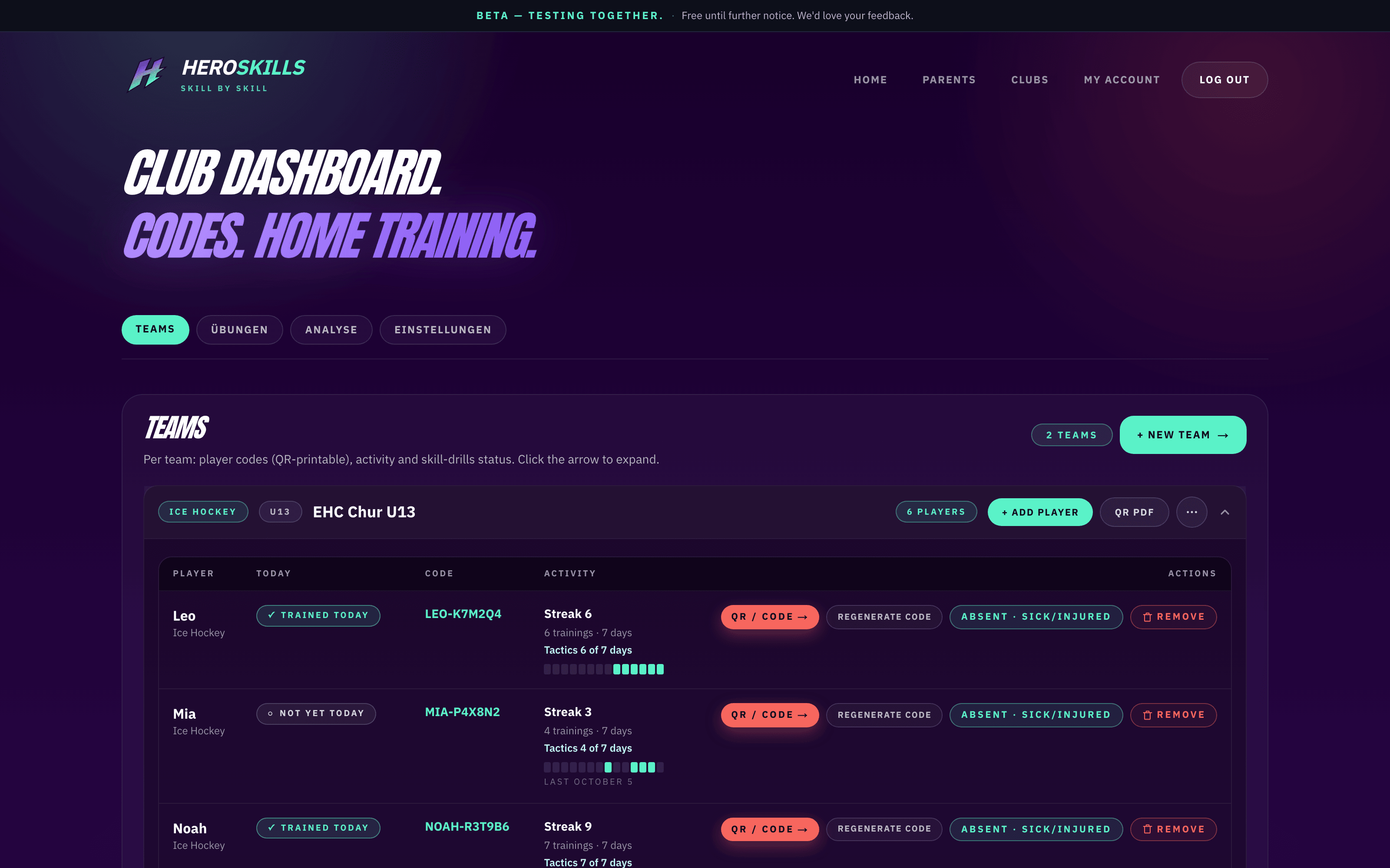 Coach dashboard /club — teams, codes, home training with tab navigation