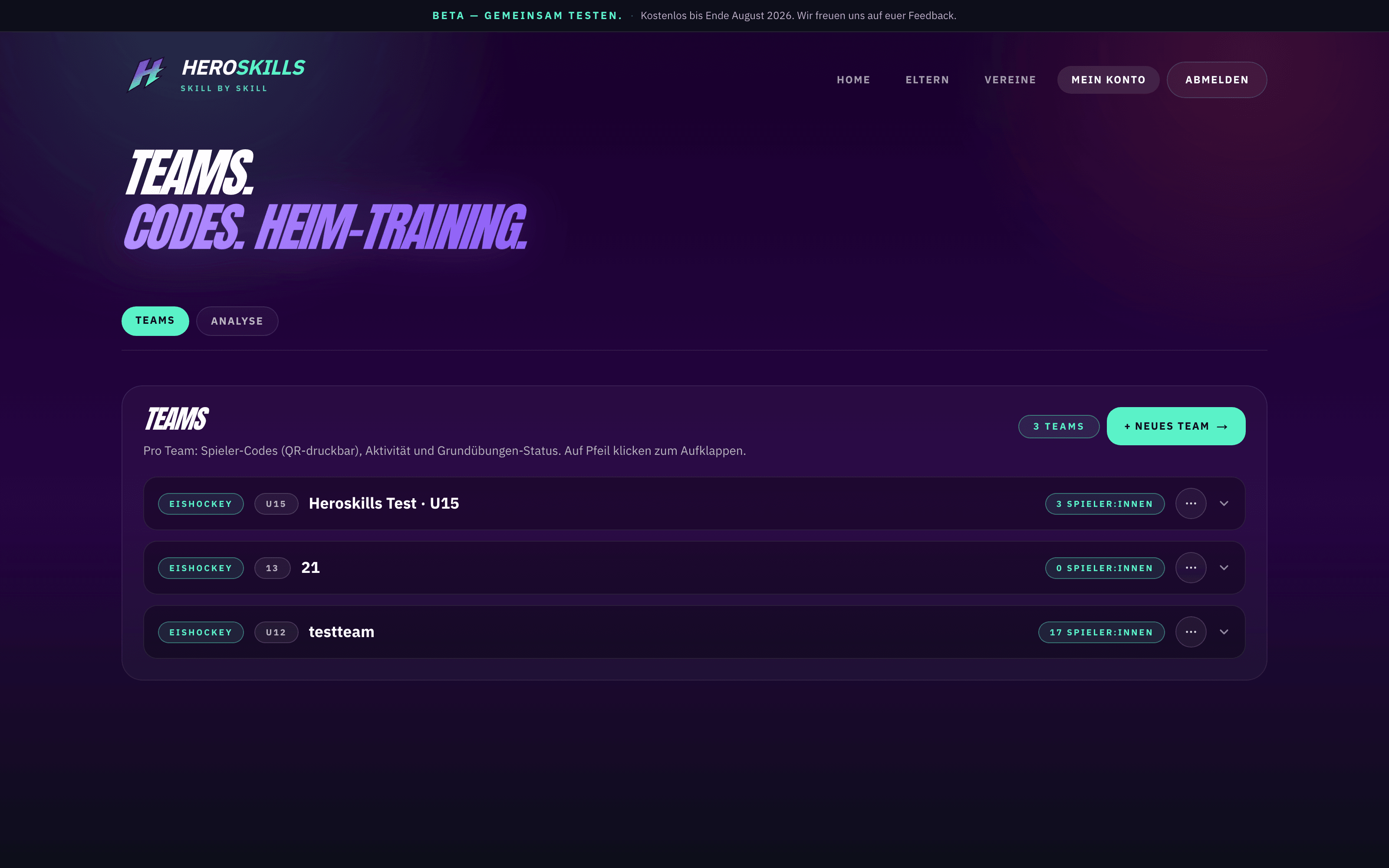 Coach dashboard /club — teams, codes, home training with tab navigation