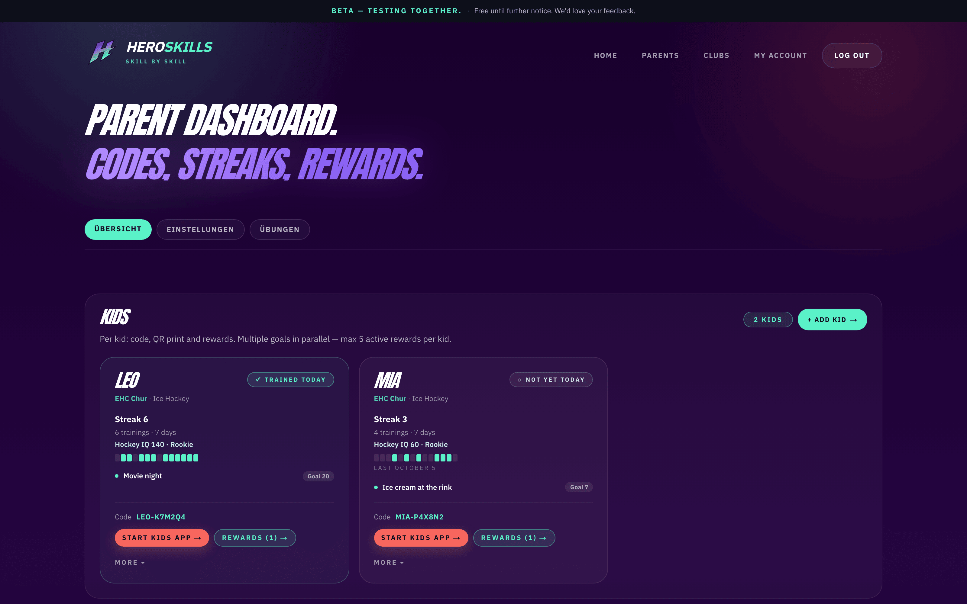 Parent dashboard — YOUR KIDS with codes, streaks and rewards