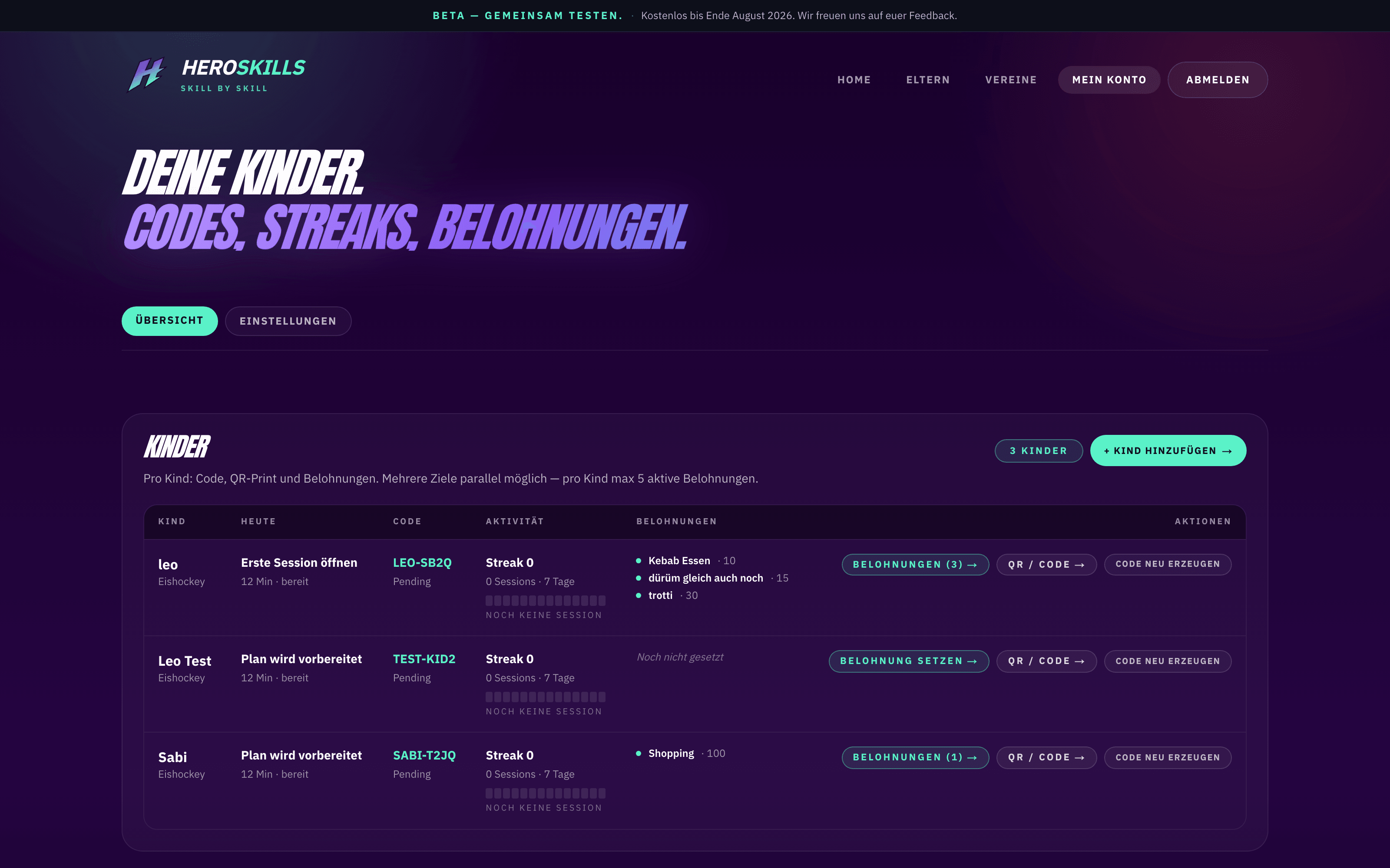 Parent dashboard — YOUR KIDS with codes, streaks and rewards